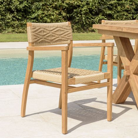 VALERIA - Lot de 2 fauteuils jardin en bois teck rotin motif losange (1/5)
