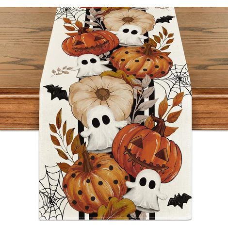 Chemin de table d'Halloween avec citrouille et chauve-souris Accessoires de décoration pour la maison, le bureau ou la cuisine Nappe style automne avec citrouille et chauve-souris 183 x 33 cm (1/4)