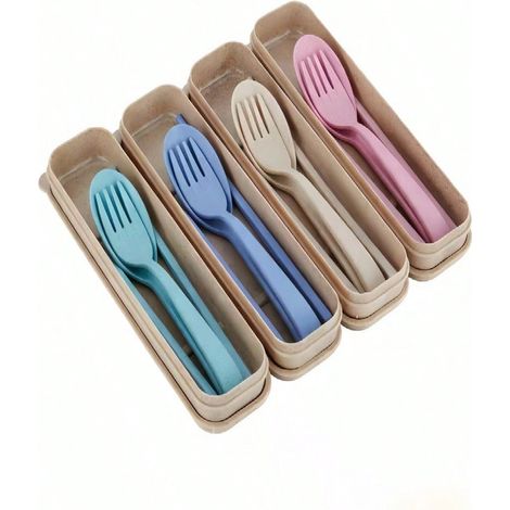 2 Ensembles de Couverts en Plastique Rayés Portables, Kit de 3 Pièces avec Étui de Rangement, pour Camping, Pique-Nique et Voyage, Couleurs Aléatoires (1/5)
