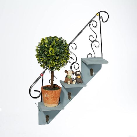1 support mural pour plantes, forme échelle, bois et fer, 30x47 cm, bleu, pour chambre salon balcon (1/5)