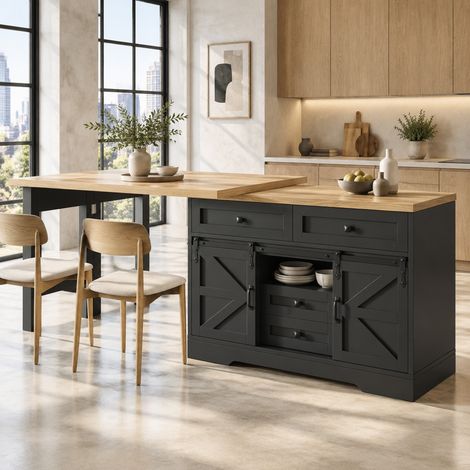 2-in-1 Kücheninsel mit ausziehbarem Esstisch 120-197 cm schwarz OKMYHOME (1/5)