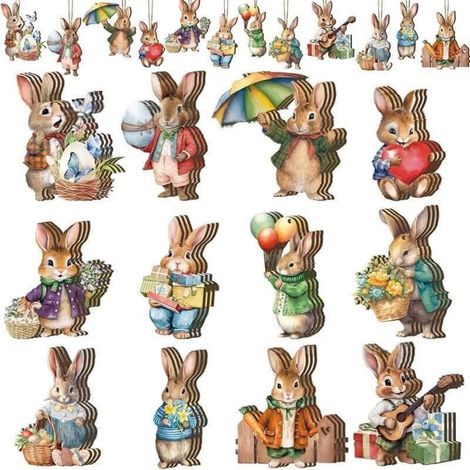 Ornement En Bois - Lapin Et Oeuf De Pâques - Décoration Arbre Intérieur - Design Floral 2D - Lot De 12 Pièces (1/5)