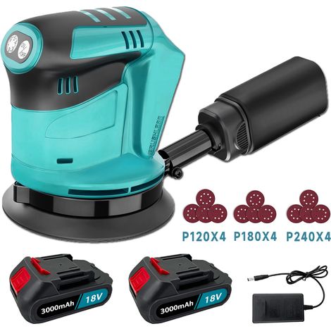 Levigatrice orbitale casuale senza spazzole da 5" con sacchetto per la polvere, 12 dischi, lucidatrice + sacchetto per la polvere + 2batterie da 3.0A+caricabatteria, compatibile con la batteria Makita