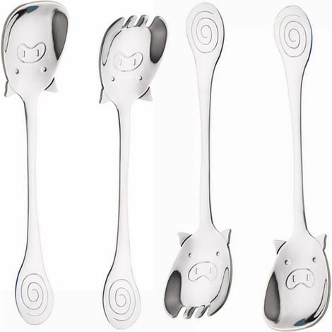 Lot de quatre cuillères deux en un forme cochon en acier inoxydable pour café et service de table cadeau créatif (1/5)