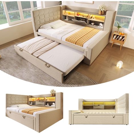 Cama nido de 90 x 200 cm + 90 x 190 cm con cabecero en forma de L y compartimentos - Luces LED - Tejido de lino - Beige (Colchón no incluido)