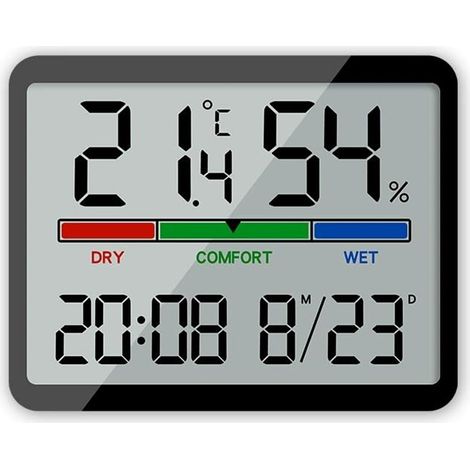 Hygromètre - thermomètre d'intérieur - thermomètre de bureau numérique avec indicateur de température et d'humidité - hygromètre précis avec horloge (noir) (1/4)