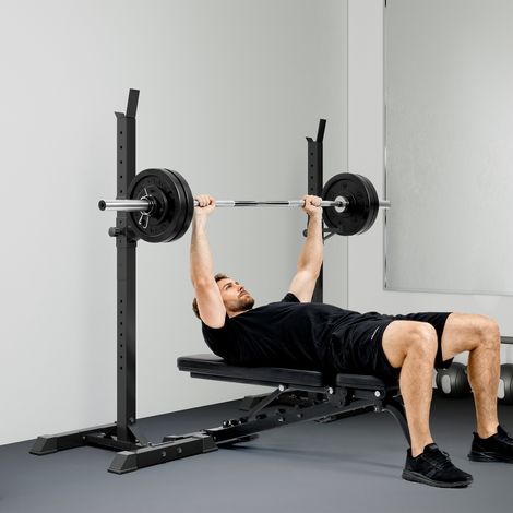 Support musculation entraînement barre longue haltère, charge max 150 kg, rack fixe pour exercices poids lourds, équipement salle de sport. (1/5)