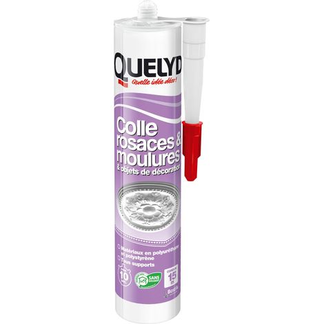 Quelyd Colle Rosaces, Moulures et Objets de Décoration - Pour Polyuréthane et Polystyrène - Tous Supports - Prise Rapide 10 Secondes - Blanc - 1 Cartouche 310 ml (1/4)
