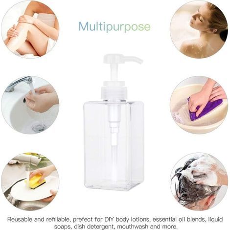 450 ML Distributeur de Savon, Lot de 2 Flacon Pompe Vide en Plastique Conteneur de Bouteille pour la Cuisine et la Salle de Bain - Transparent (1/4)