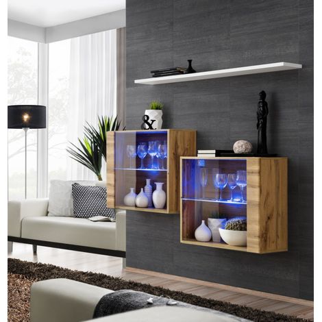 Lot de 2 Vitrines Murales & Étagère "Switch SBIII" 130cm Naturel & Blanc (1/3)