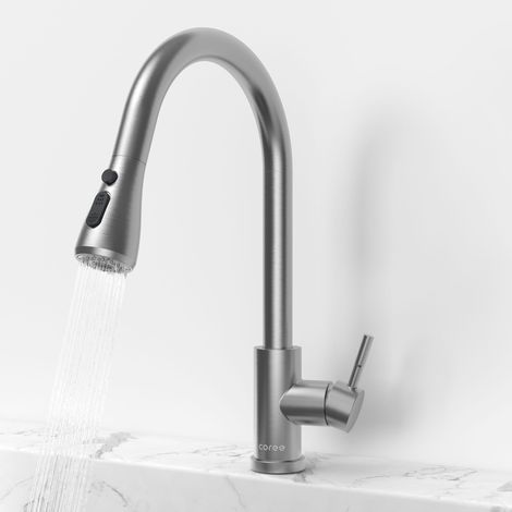 Rubinetto Cucina Coree Miscelatore Cucina Collo di Cigno Lucidato a Spazzola Cannella Estraibile Rotazione 360° Lavello in Acciaio Inossidabile 304 2 Modalità (1/5)