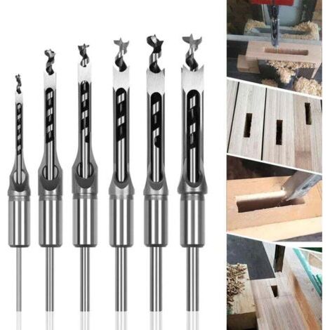 Lot de 6 Forets à bois trou carré Bédanes Creux en Acier Outils Set pour travail du bois Foret a trou carre Foret Trou de Perçage Mortaiser Burin 6,4/8/9,5/12,7/14/16mm Mèches Trou Carré (1/4)
