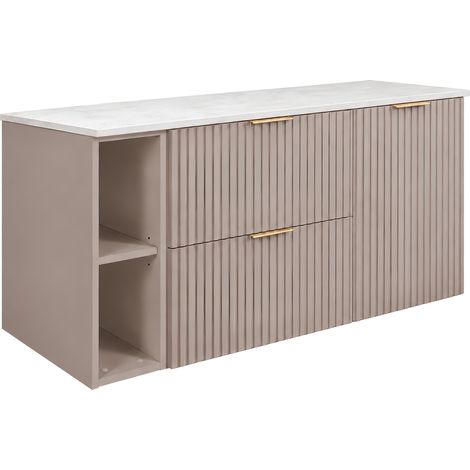 Ensemble de meubles de salle de bain, 2 tiroirs, 1 porte, fermeture douce, panier à linge, Cachemire / Plan Marbre, poignées dorées, 120 x 46 x 57 cm (1/5)