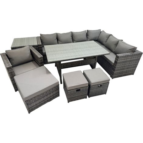 Fimous Rattan Garden Furniture Set Outdoor 10 Seater Patio Dining Corner Sofa Sets with Dining Table Chair Big Stool Side Table Dark Grey Mixed (1/5)