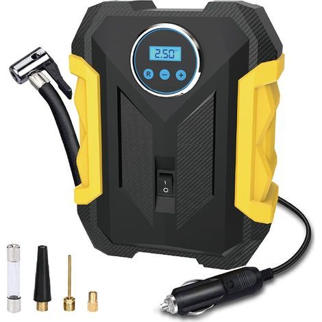 Inflador de neumáticos para coche, compresor de aire portátil de 12 V, compresor de aire de 150 PSI con manómetro de presión de neumáticos y luz LED, amarillo (1/4)