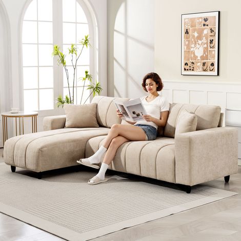 Sofá Chaise Longue Reversible de 3 Plazas 2 Almohadas Tapizado en Lino Marco de Acero 242x156x87 cm Beige (1/5)