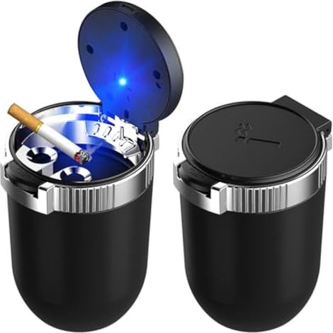Dickno Lot de 2 cendriers de voiture avec couvercle, amovibles en acier inoxydable sans fumée, mini poubelle portable avec lumière bleue LED, accessoires d'intérieur universels pour porte-gobelet (1/5)