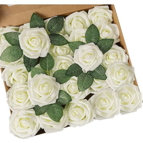 Lot de 25 Roses artificielles réalistes avec Tige pour Bouquets de Mariage, centres de Table, fête de Mariage, décoration de Maison (Ivoire, 25pcs) (1/5)