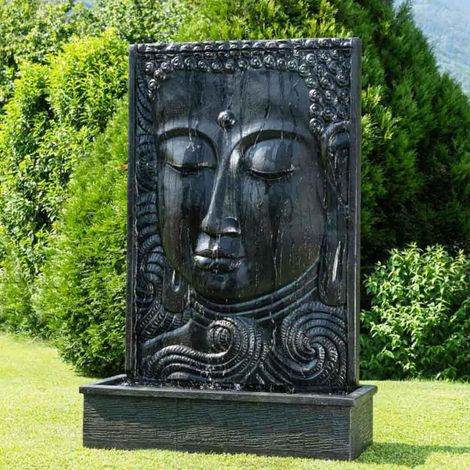 Wanda Collection – Fontaine de jardin mur d'eau visage de bouddha 210 cm – Résine robuste – Bassin 130x57 cm – Alimentation en circuit fermé