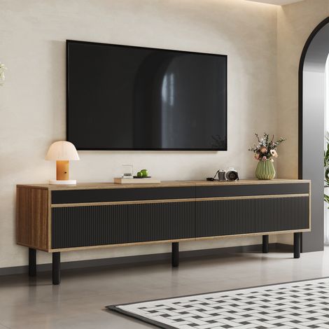 Meuble télé bas 4 portes, finition premium, noir ou bois naturel, 170x38x47 cm, rangement salon moderne. (1/5)