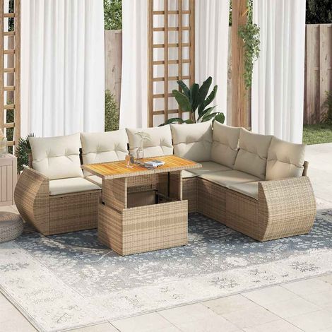 vidaXL Salon de jardin avec coussins 7 pcs beige résine tressée (1/5)