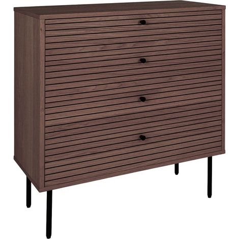 LOWAN - Commode 4 Tiroirs Effet Tasseaux Teinté Chêne Foncé (1/5)