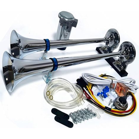 Klaxon de voiture Trompette Air Horn 24V Klaxon de camion Zinc Chromé double tube argent avec compresseur pour 24V voiture yacht (1/5)