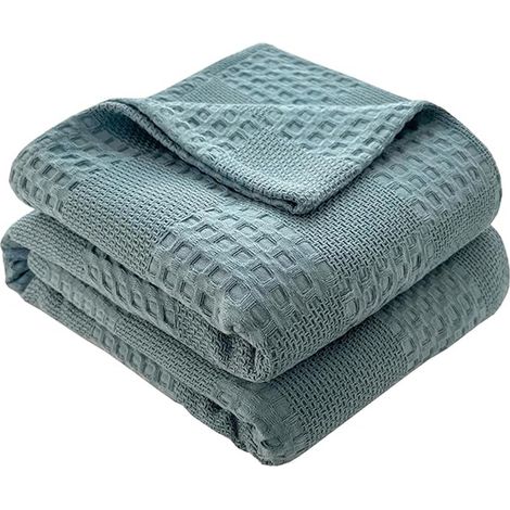 Copriletto in 100% cotone a nido d'ape, soffice coperta estiva effetto waffle, coperta ariosa in cotone, come letto, divano, coperta - Blu mare 180x200cm