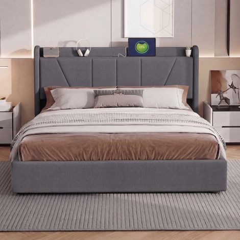 Superaly Lit double coffre 160x200cm, Stockage de pression d'air, Tête de Lit rembourrée au design géométrique, Double ports USB et Type-C, Lit adulte de style nordique, Sommier à lattes, Lin，Gris (1/5)