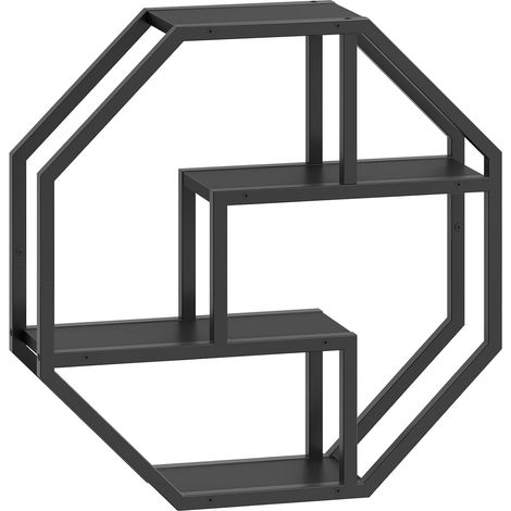Étagère de Rangement Suspendue à 4 Niveaux, Étagère Murale Décorative en Aggloméré, Cadre Métallique Robuste, pour Salon, Chambre, Cuisine, Bureau, Noir (1/5)