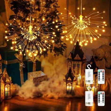 Lámpara de fuegos artificiales, 2 piezas, 120 LED, luces navideñas a pilas, guirnalda de luces para interiores, cable de cobre, impermeable, 8 modos con control remoto, decoración para dormitorio, fie (1/4)