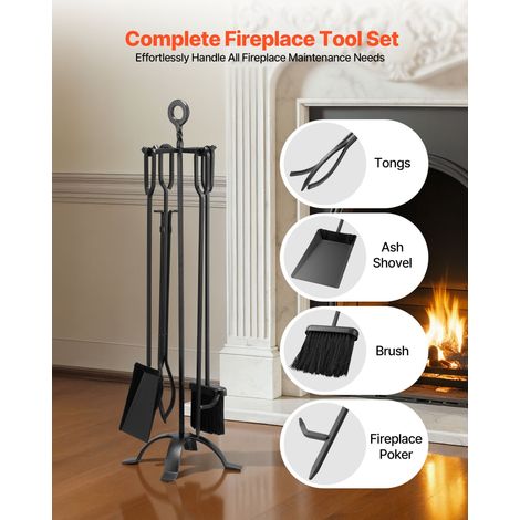 Ensemble d'outils de cheminée 5 pièces, ensemble serviteur de cheminée en fer forgé avec support à quatre branches, pelle à cendres… (1/5)
