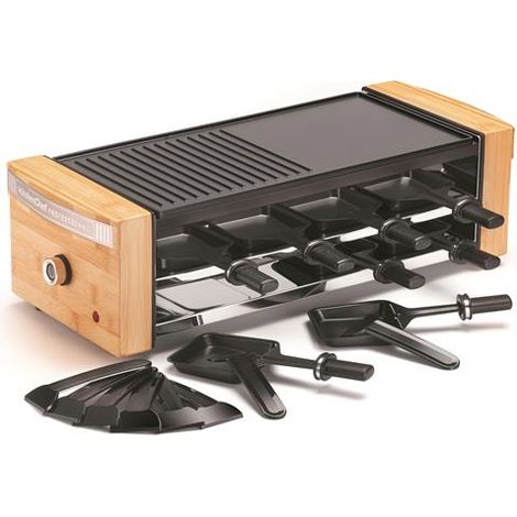 Raclette 1200 W – Antihaft-Aluminiumplatte – 8 Pfännchen + 8 Spatel – Einstellbarer Thermostat – Bambuskorpus – Schwarz/Natur – Kitch
