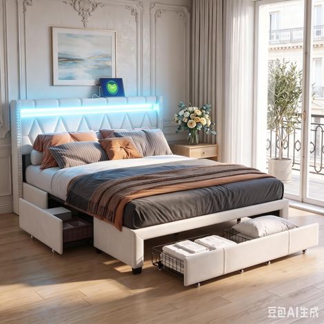 Letto matrimoniale 160x200 cm – Letto per adulti – Illuminazione a LED – Porte USB e elettriche – 4 cassetti in metallo – Rete a doghe – Lino beige (1/5)