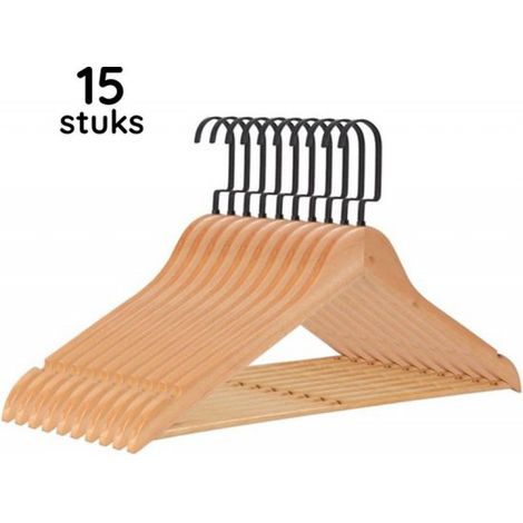 Cintres de luxe - Lot de 15 cintres - Cintres multifonctionnels - Laqués - Crochet noir - Bois - Marron clair (1/5)