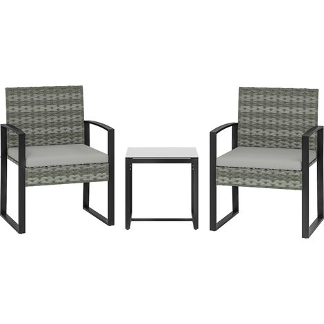 Bistro-Set mit Kissen, PE-Rattan, Glastischplatte