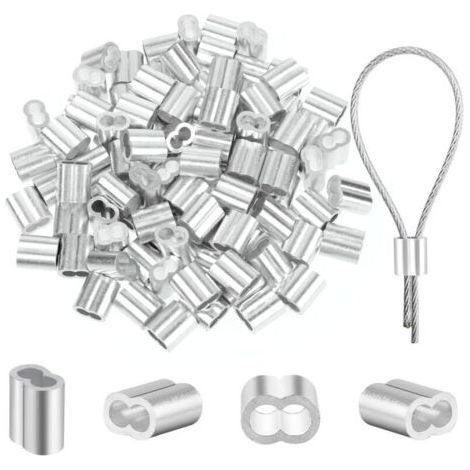 Lot de 100 serre-câbles de 2 mm - Manchons à sertir en aluminium de 2 mm - Manchons de serrage - Manchons de serrage - Serre-câbles - En aluminium - Boucle de sertissage pour câble métallique de (1/4)