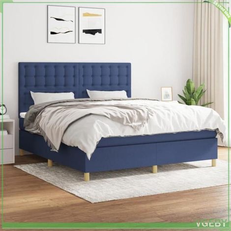 Sommier à lattes - 3142679 - Tissu bleu 100% polyester - Matelas 180x200 cm ressorts ensachés - Tête de lit réglable (1/5)