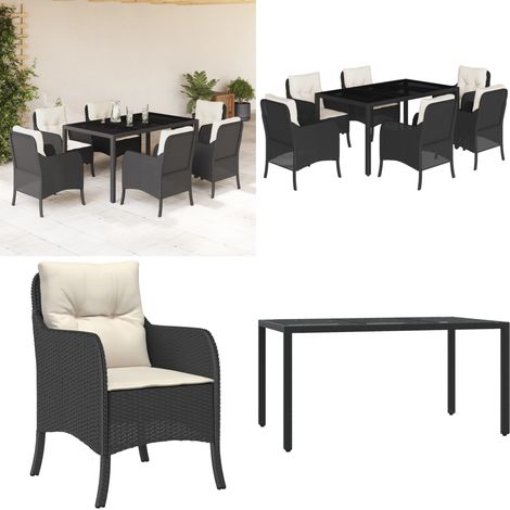 7-tlg. Garten-Essgruppe mit Kissen Schwarz Poly Rattan - Gartentisch - Esstisch - Gartenmöbel Set - Outdoor Möbel - Terrassenmöbel - Home & Living (1/5)