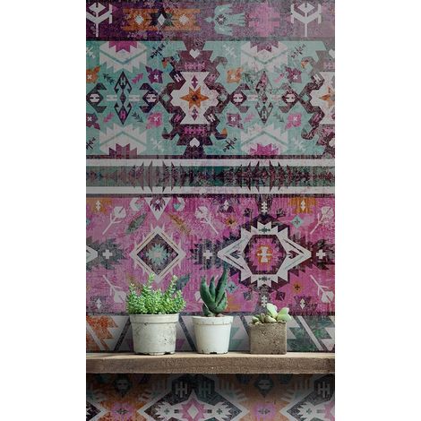 Papier peint panoramique ethnique bleu, rose & orange | Tapisserie panoramique motif ethnique pour salon | Papier peint panoramique original chambre - 270 x 400 cm (4 pièces) (1/5)