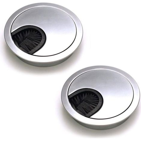 Lot de 2 Passe Câbles Ronds Encastrables, Passe Cable Fil Métal Acier Brossé Design, Rangements de Câbles pour Table de Bureau Diamètre 60 mm - Argent Perle Chrome (1/5)