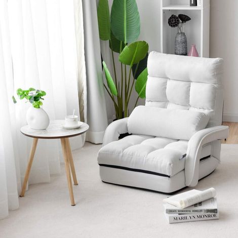 COSTWAY Adjustable Folding Lazy Sofa Bed with Armrests and Pillow, Convertible Floor Armchair Sofa Seat for Home Office, Easy-to-Clean (White) (1/5)
