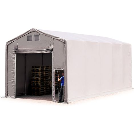 TOOLPORT Zelthalle 5x10 m Lagerzelt PRIMEtex 2300 robuste PVC Plane grau 4m Seitenhöhe mit Hochziehtor