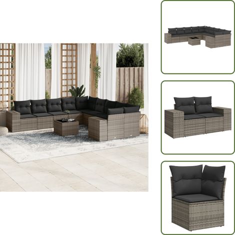 11-tlg. Garten-Sofagarnitur mit Kissen Grau Poly Rattan - Gartenmöbel - Esszimmergarnituren - Rattan Möbel - Outdoor Furniture - Lounge Set (1/5)