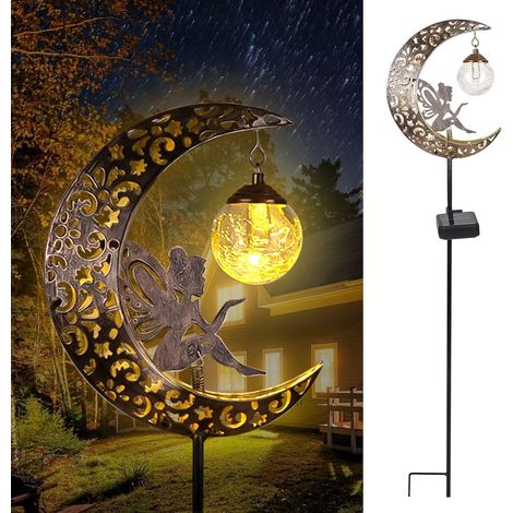 Lampes Solaires de Jardin, Fée Decoration Jardin Exterieur, Métal Lune LED Boule de Verre Lumière Solaire Exterieur, IP65 Étanche, Lampe solaire pour Chemin, Pelouse, Patio, Balcon, Deco
