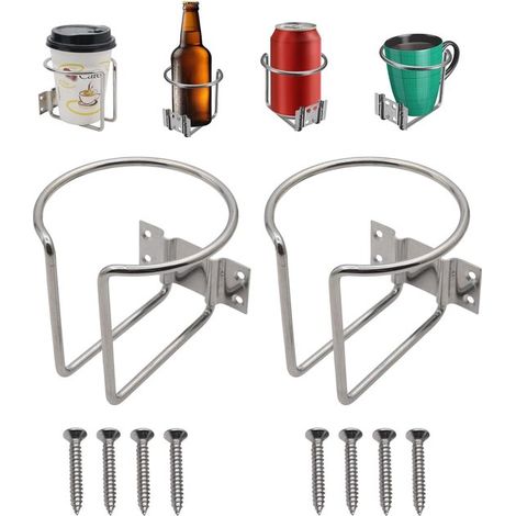 Paquete de 2 portavasos universales de acero inoxidable: aptos para barcos, aplicaciones náuticas, barandillas, montaje en pared, latas y vasos. (1/4)