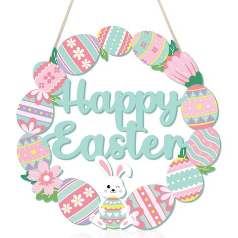 Décoration murale « Joyeuses Pâques », couronne en bois avec œufs de lapin (œufs de lapin) (1/5)