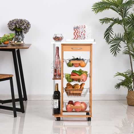 Carrito de cocina con ruedas, cajón, 4 cestas y estantes laterales, 47 x 37 x 83 cm, blanco y marrón.