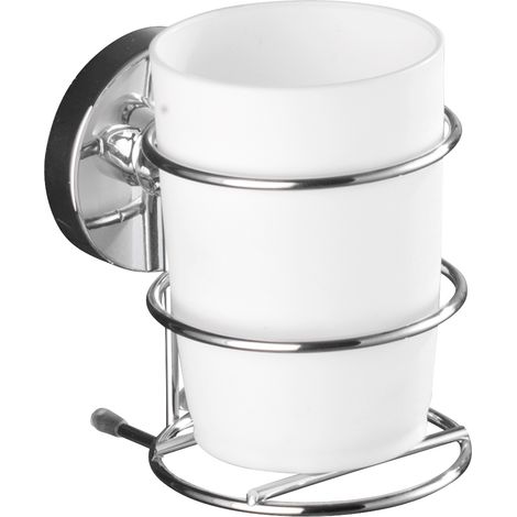 WENKO Portaspazzolino Milazzo, bicchiere da bagno a muro, fissaggio Vacuum-Loc® senza foratura, riposizionabile senza lasciare tracce, acciaio - plastica, 9.5x11.5x7.5 cm, bianco - lucido