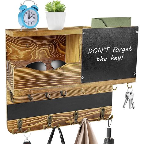 Modern Wooden Wall Key Holder, Wall Letter Holder and Key Ring with 12 Key Hooks, Wall Organizer for Entrance, Hallway, Kitchen, Office, Living Room (Wood Colour) (1/5)